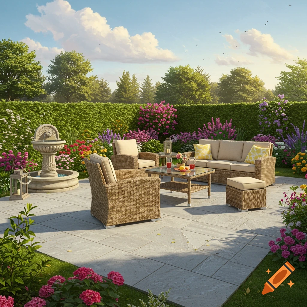 A furnished patio in a sunny garden with a fountain and lush flowering plants.