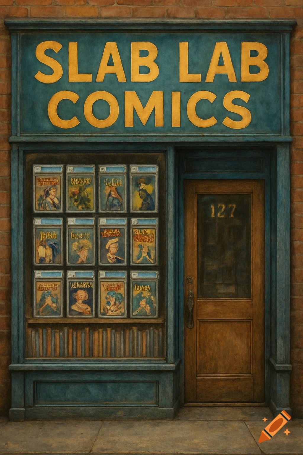Facade of a comic book store with a sign that reads 'SLAB LAB COMICS' and a window displaying comic books.