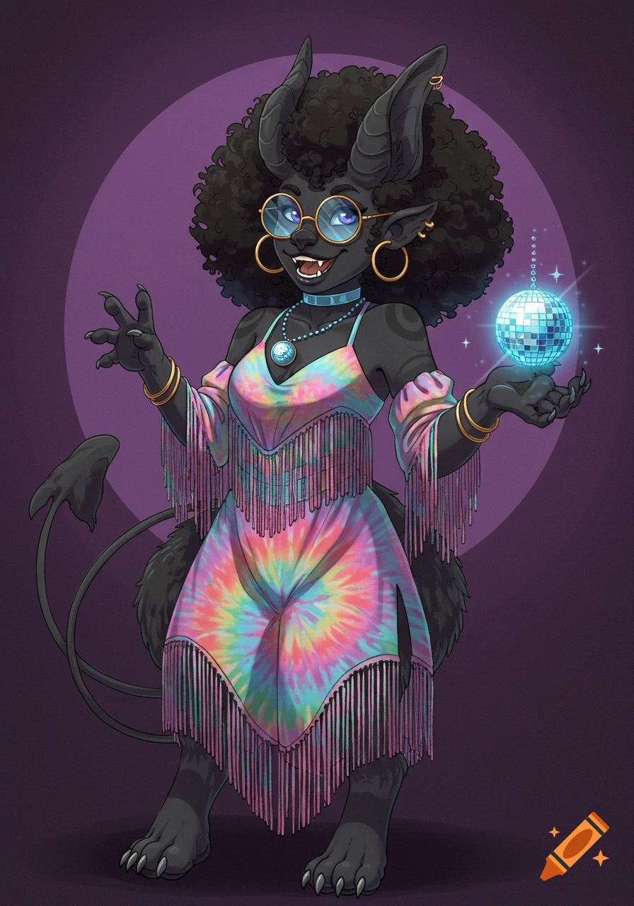 A cheerful monster girl with an afro, glasses, and tie-dye dress holds a disco ball.