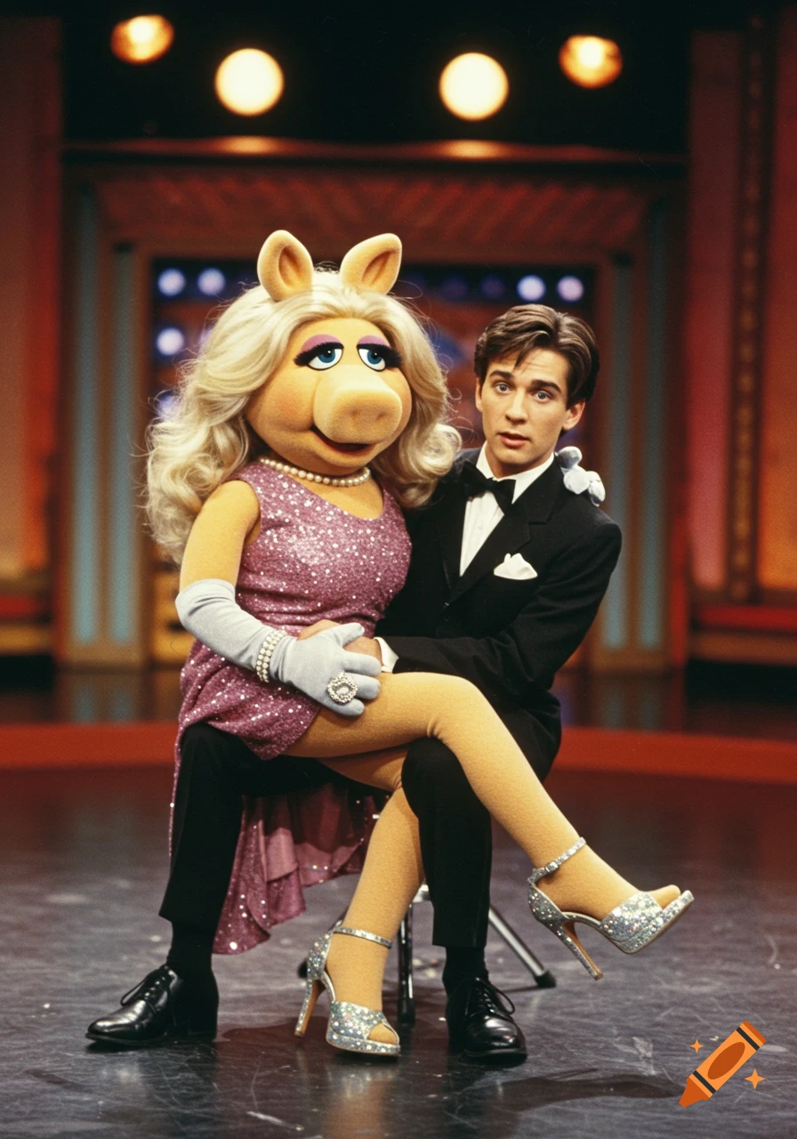 Miss Piggy in a sparkly dress sits on a young man's lap on a stage.