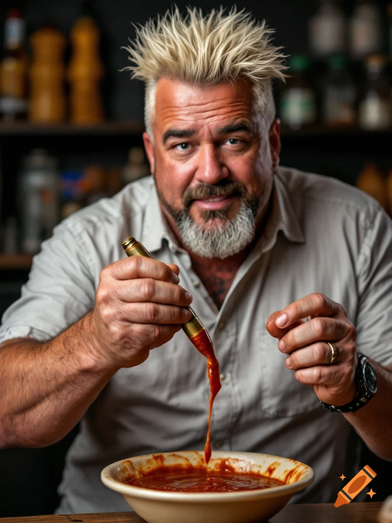 Man with spikey blonde hair dips brass object into red sauce bowl, photorealistic close-up