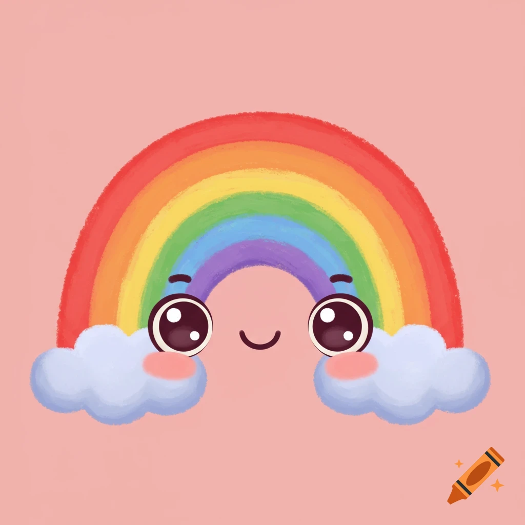 A cute cartoon rainbow character with a smiling face and cheeks, flanked by two clouds on a pink background.