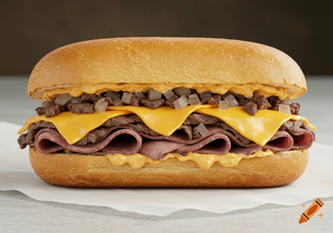 Realistic photo of a chopped cheese sandwich on white butcher paper