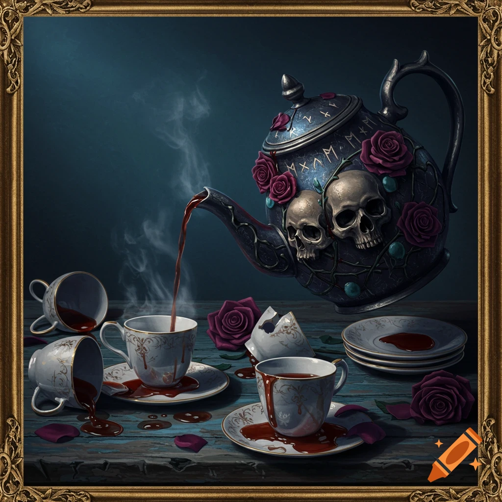Dark still life of a mystical teapot adorned with skulls and roses pouring red liquid into broken teacups on a wooden table.