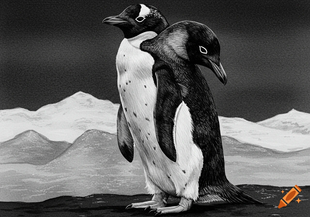 Two penguins sharing a fused body stand in a snowy landscape in a monochromatic ink drawing style.