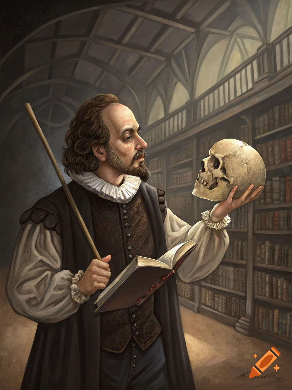 Shakespeare holding a skull and book in a library, illustration.