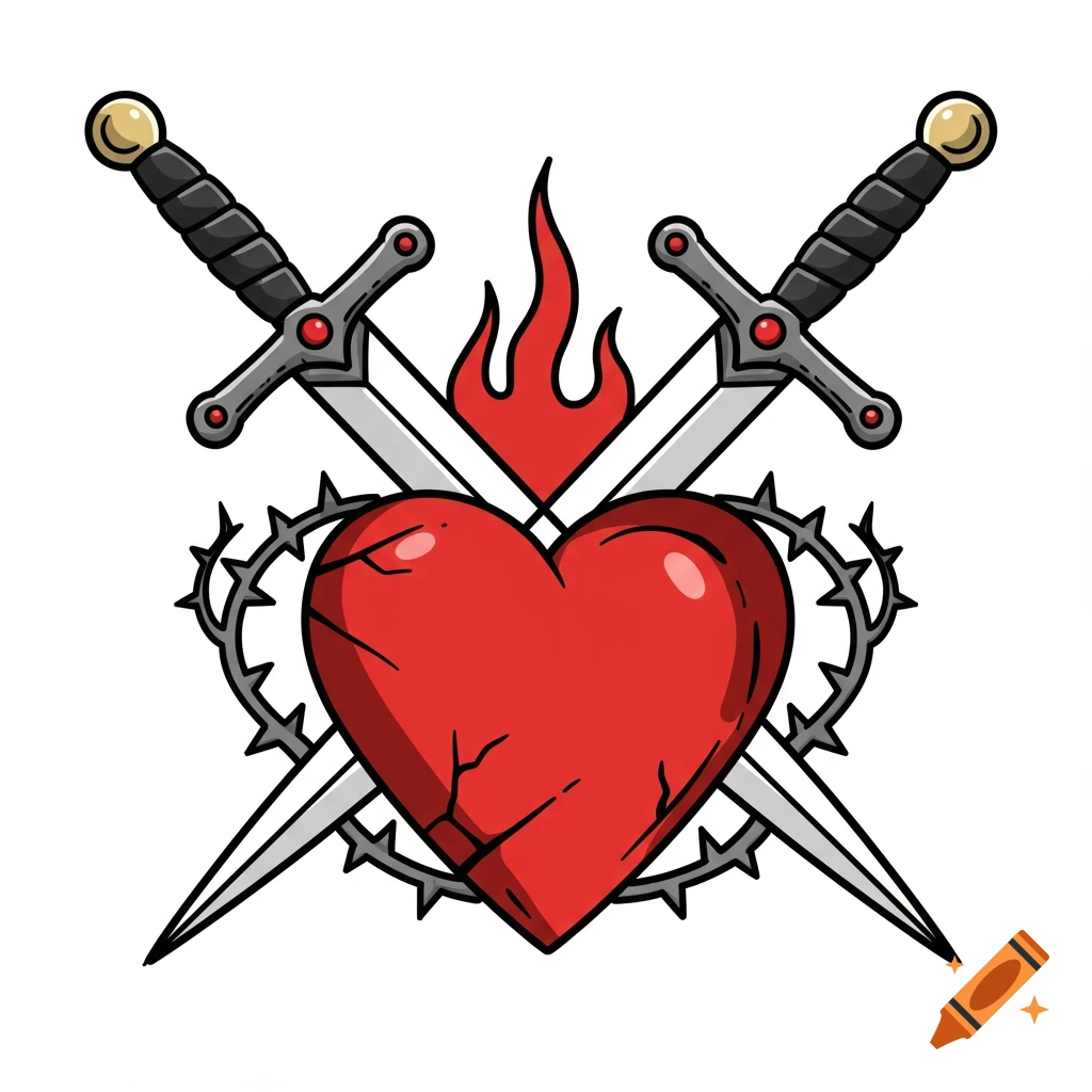 Stylized red heart with cracks, crossed swords, thorns, and flames in a black ink tattoo style.