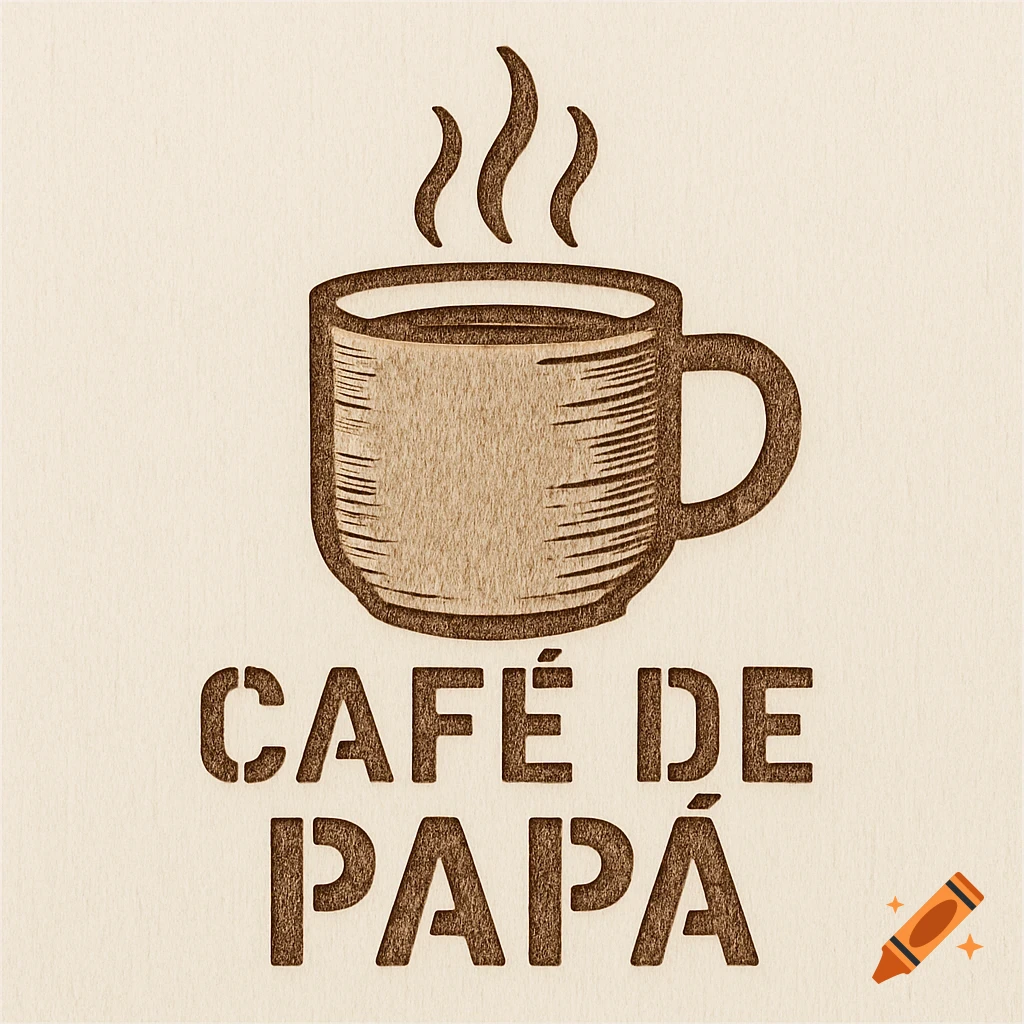 Laser etched style logo of a steaming coffee mug with 'Café de Papa' text below it.