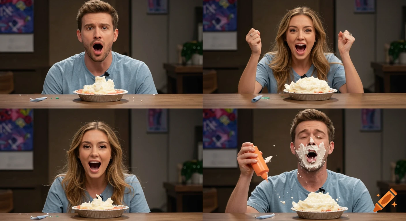 Four panel photorealistic image showing a woman winning a game and pieing a man in the face as a forfeit.