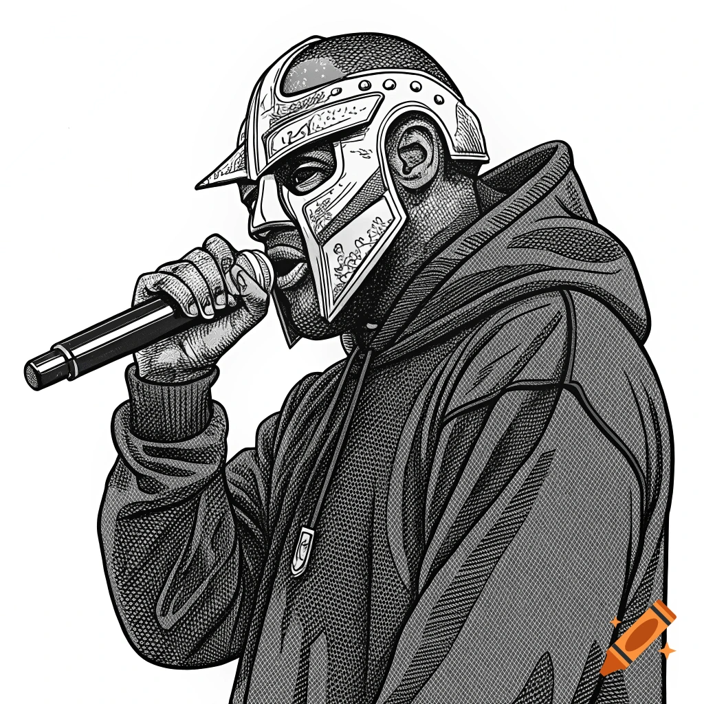 Black and white tattoo style illustration of a person wearing a metal mask and hoodie, holding a microphone.