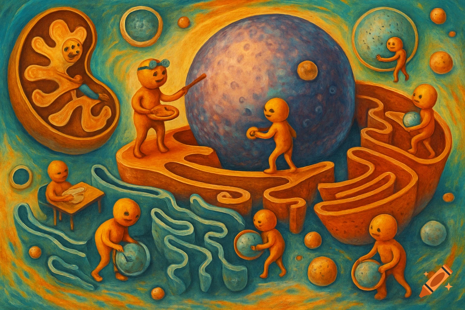Vibrant painted illustration of orange cartoon figures representing organelles working in a cell.