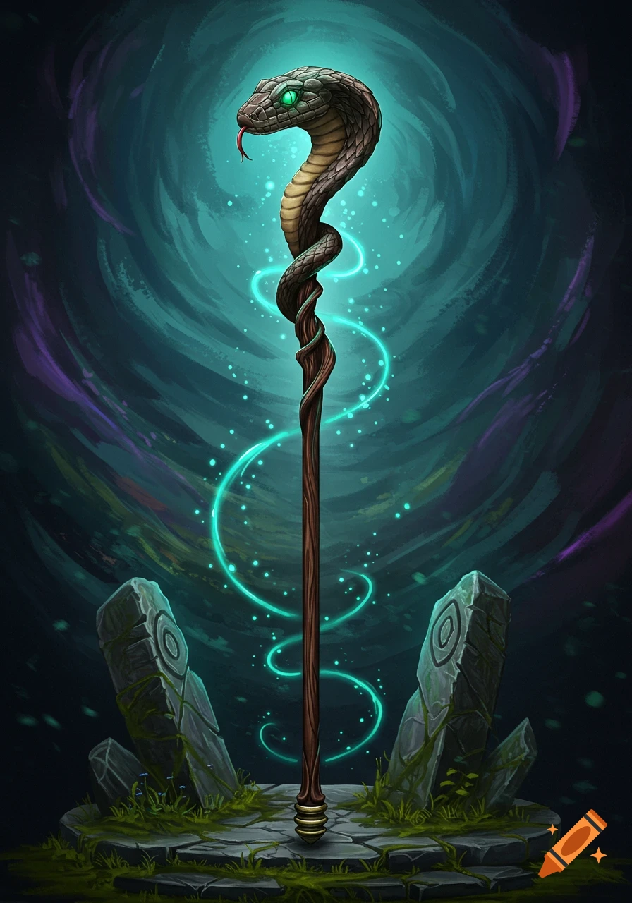 A magical staff with a snake head finial and glowing green eyes, surrounded by swirling cyan magic sparks.