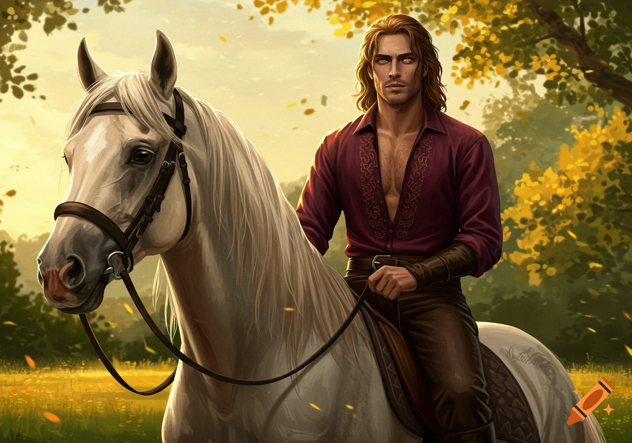 A fantasy-style illustration of a man with golden eyes and an open red shirt riding a white horse through a sunny field.