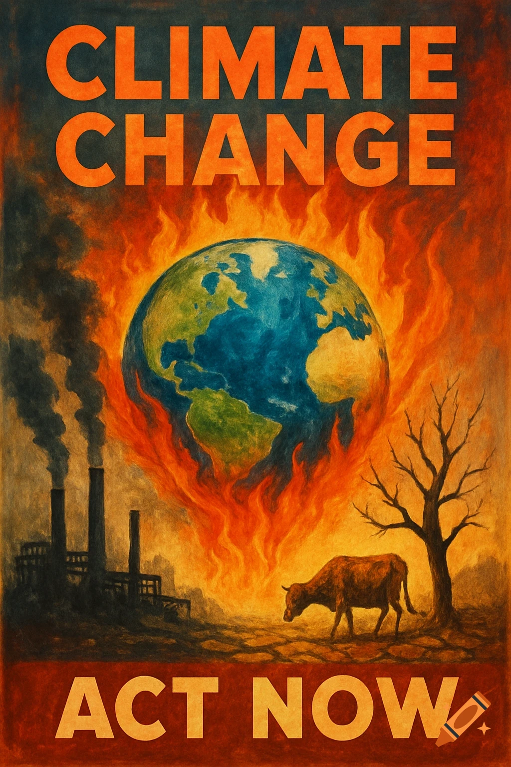Painting of the earth burning with smokestacks, a cow, and a dead tree. Text reads 'CLIMATE CHANGE ACT NOW'.