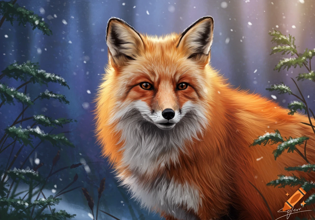Close-up illustration of a red fox in a snowy forest