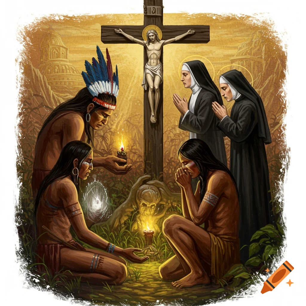 Indigenous people and nuns pray around a large wooden cross with Jesus crucified, in a warm, atmospheric outdoor setting.