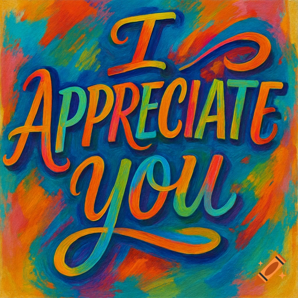 Colorful hand-lettered typography saying 'I Appreciate You' on a textured background.