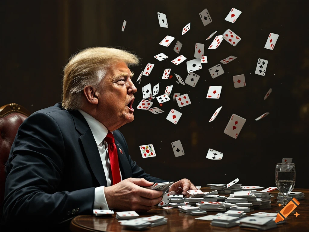 A man resembling Donald Trump sits at a table and expels a cascade of playing cards from his mouth and face. Stacks of cards are on the table.