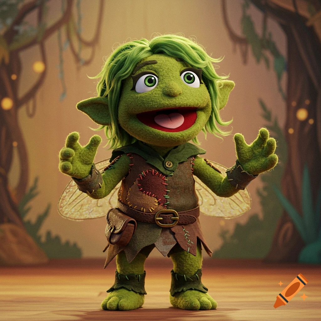 A green muppet character with pointed ears and fairy wings stands in a forest setting.