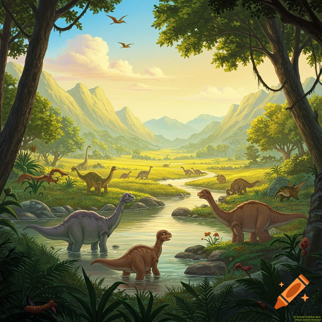 Dinosaurs gathered by a river in a lush prehistoric valley landscape.