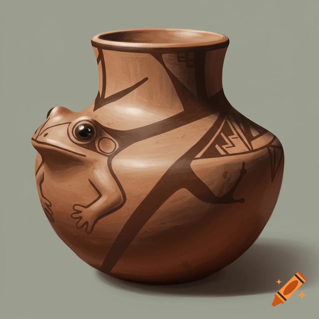 A ceramic pot shaped like a frog with brown painted designs.