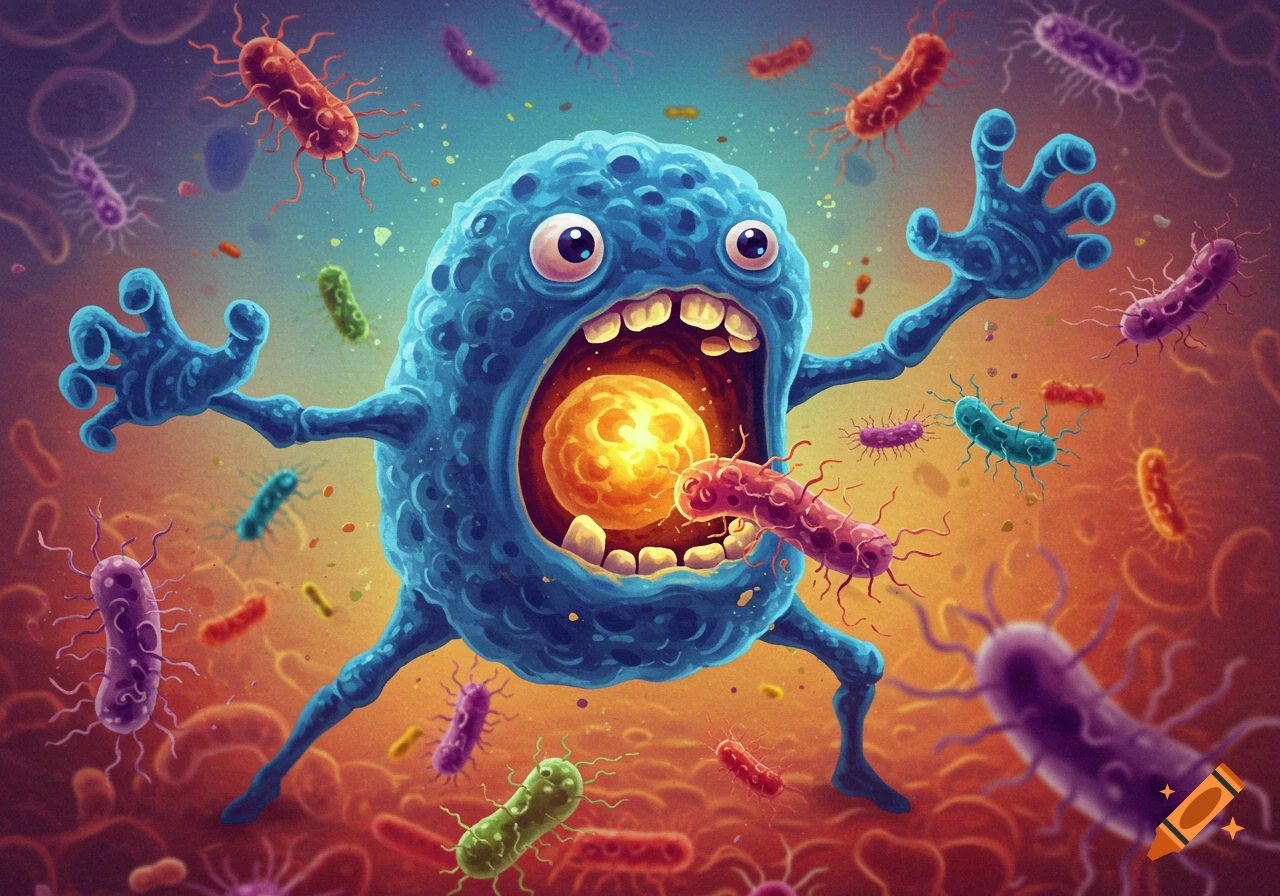 A hungry cartoon blue creature, representing a macrophage, eats a reddish bacteria while surrounded by various colorful microbes.