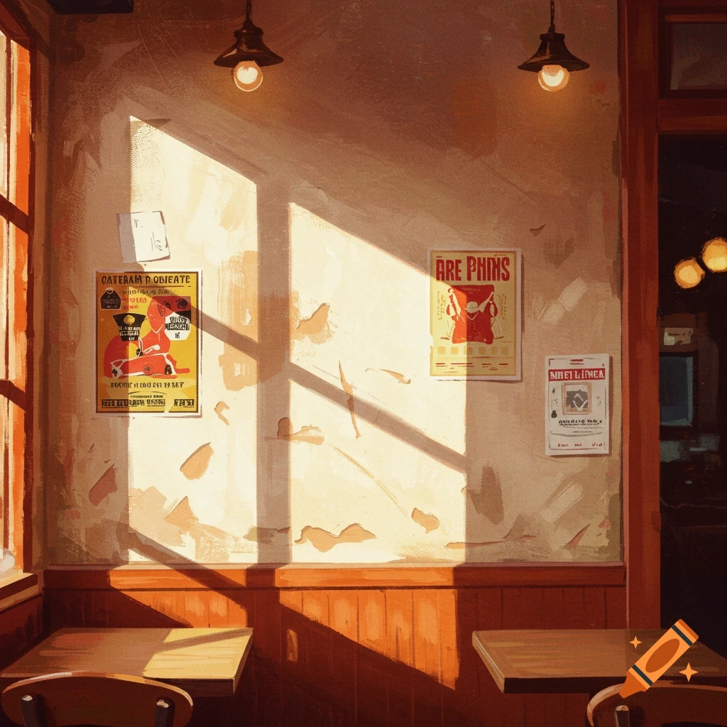 Painterly illustration of a cafe interior with sunlight streaming through a window, casting shadows on a wall with posters.