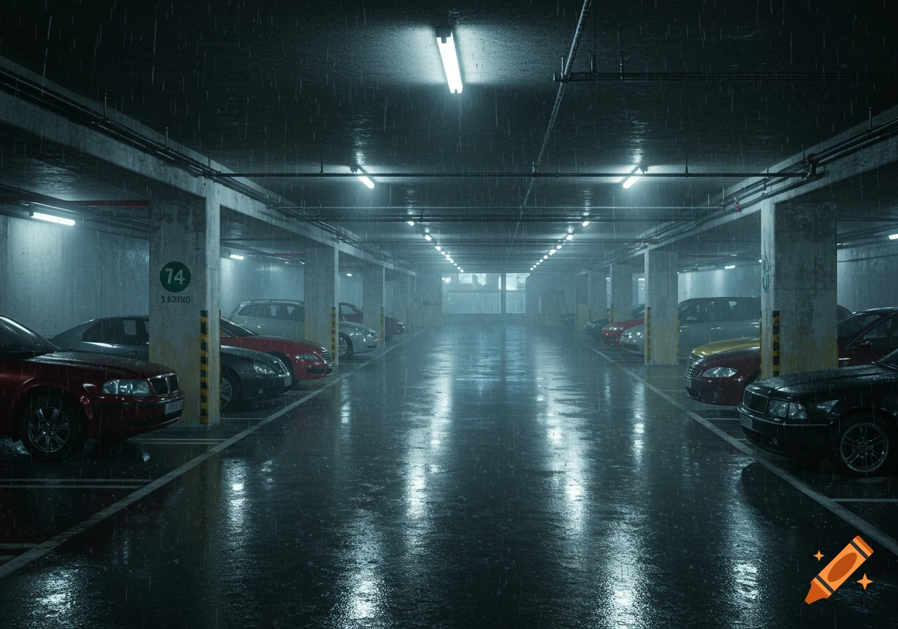 View inside a dimly lit car park with cars parked on either side, reflecting the ceiling lights on the wet floor during a rainstorm.