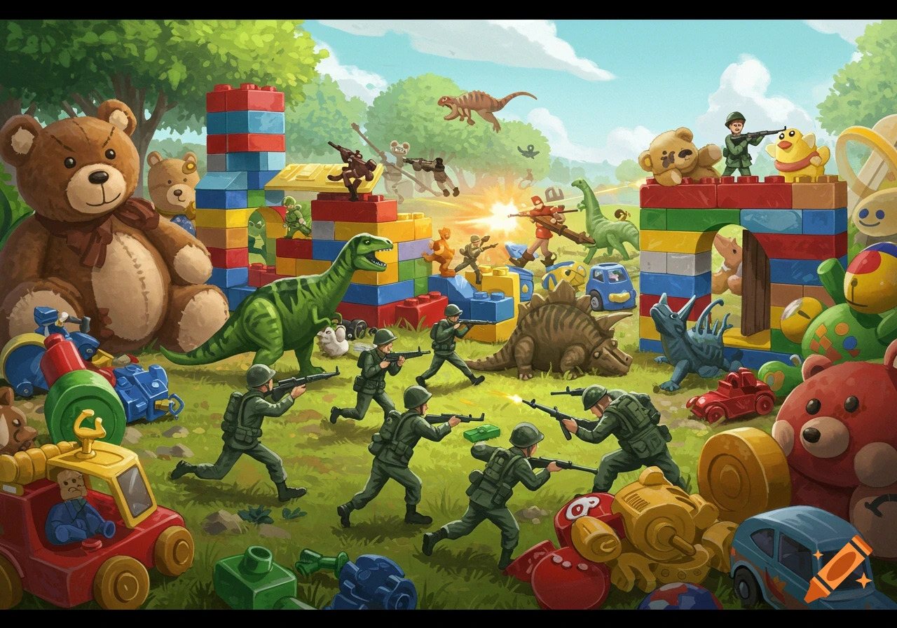 Cartoon illustration of toy soldiers battling dinosaurs and teddy bears amidst building blocks and other toys.