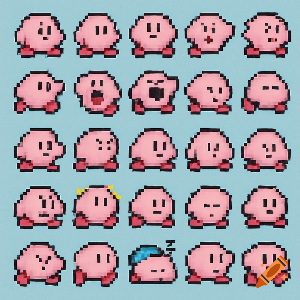 Pixel art sprite sheet of Kirby characters in various poses and expressions on a light blue background.