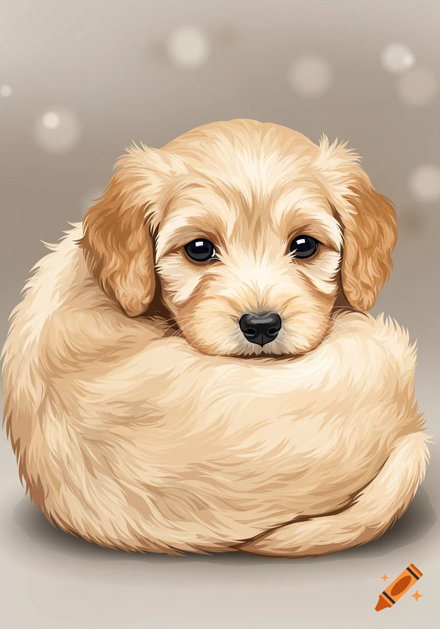 Cute golden doodle puppy curled up, digital illustration.