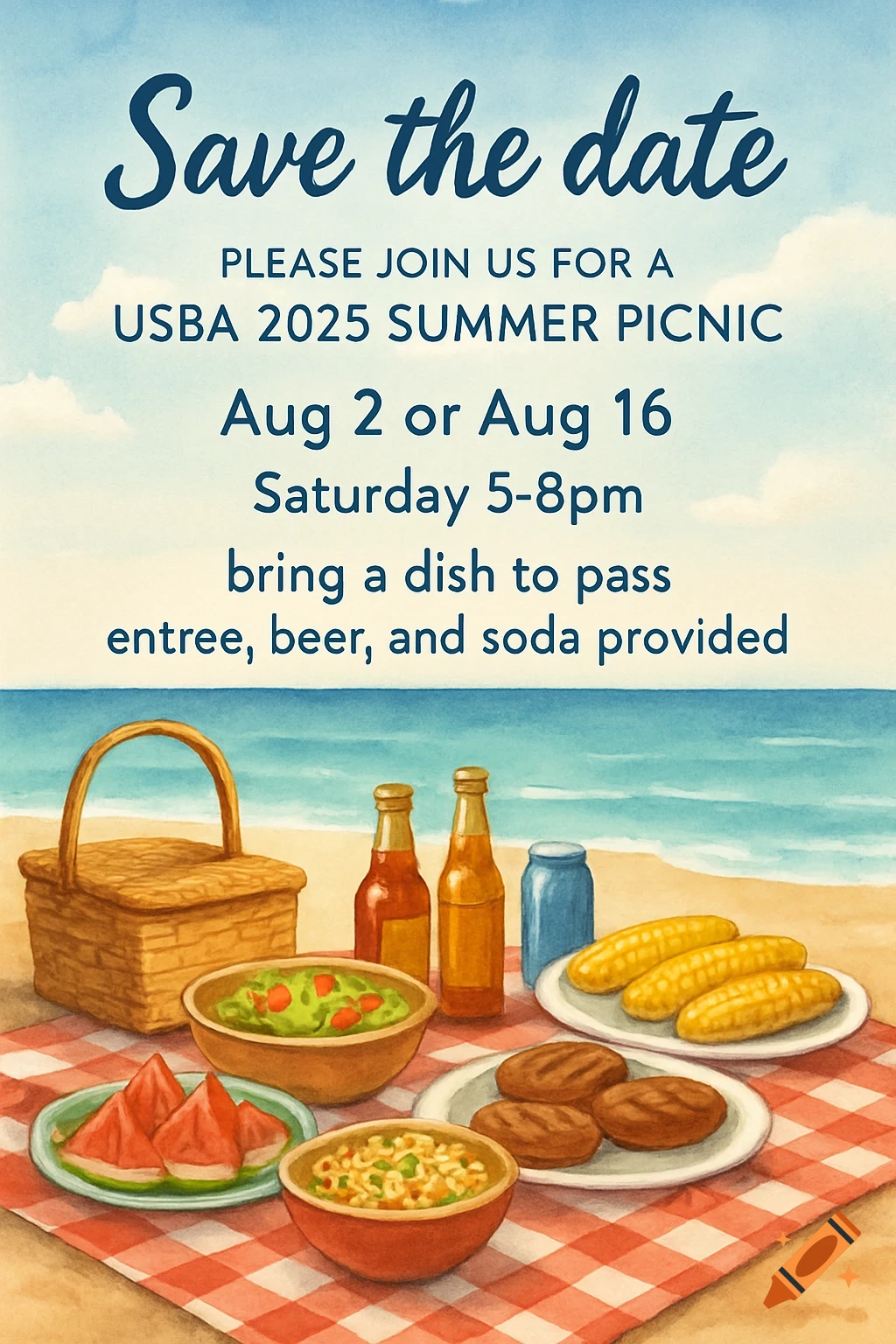 Watercolor save the date flyer for a beach picnic with food on a red checkered blanket.