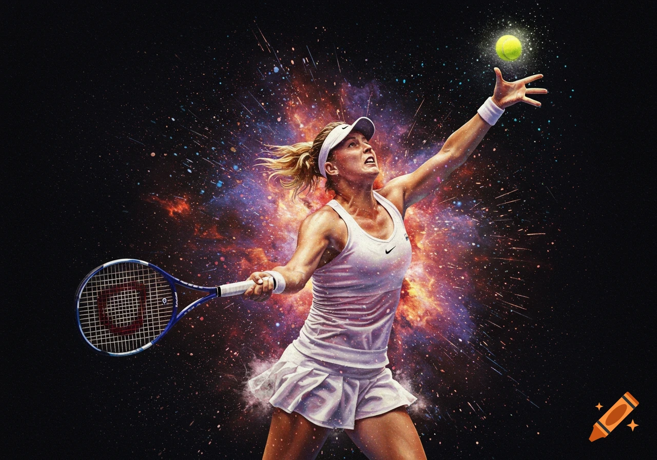 Tennis player serving during a cosmic nebula explosion, in a painted style.