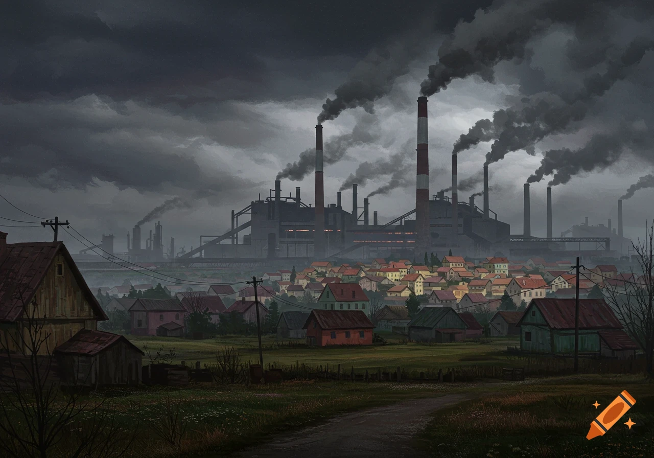 Digital painting of a small town below a large industrial factory emitting smoke into a dark, cloudy sky.