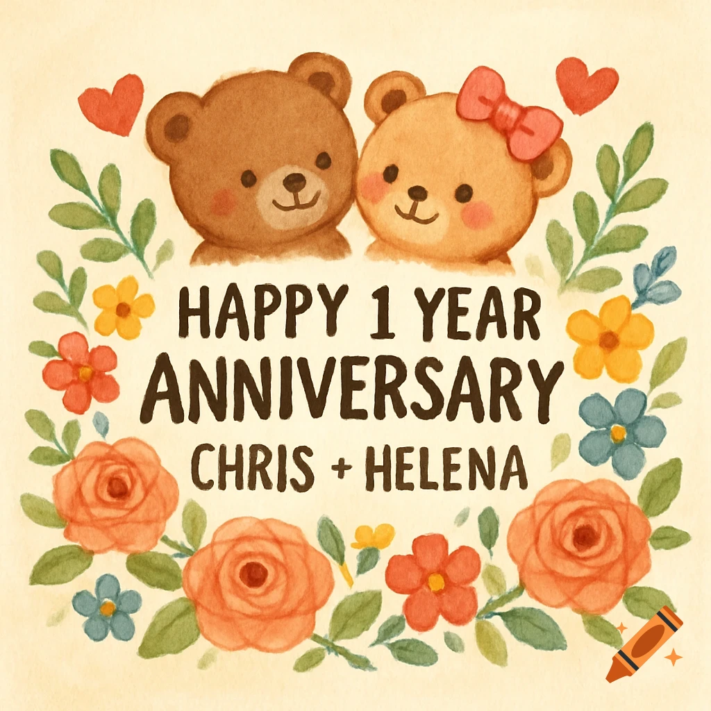 Cute illustration of two teddy bears above text 'Happy 1 Year Anniversary Chris + Helena' surrounded by flowers and hearts.