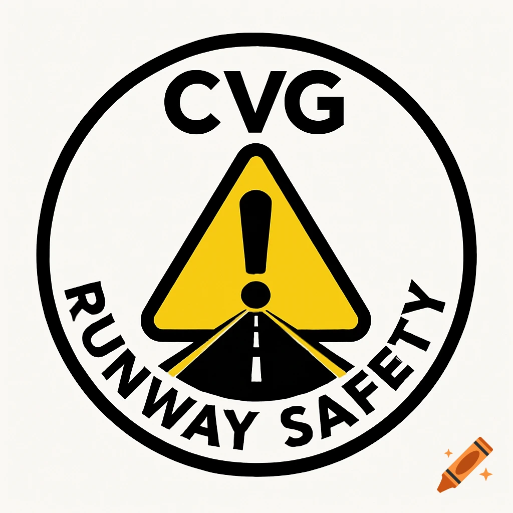 Circular CVG runway safety logo with warning sign and road
