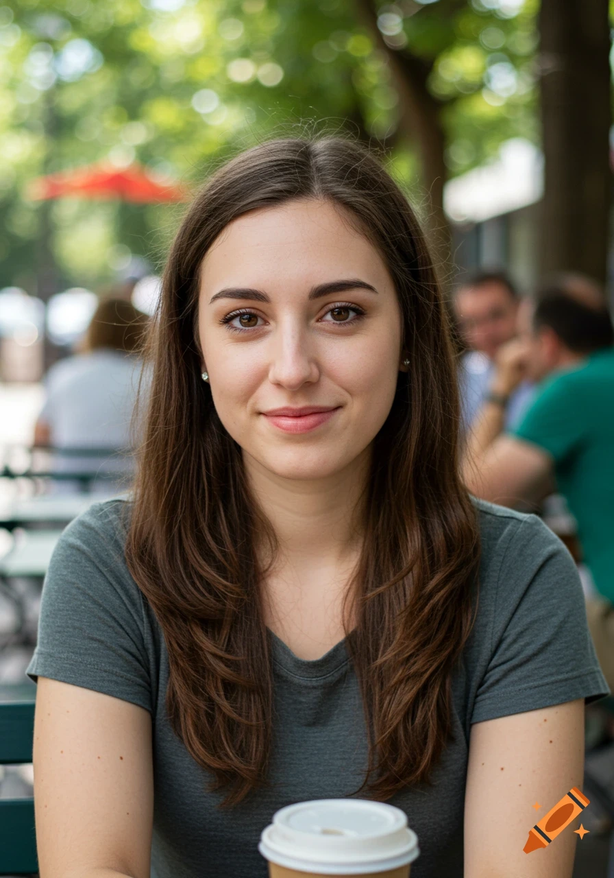A young woman smiles in a portrait at an outdoor cafe, a coffee cup before her.