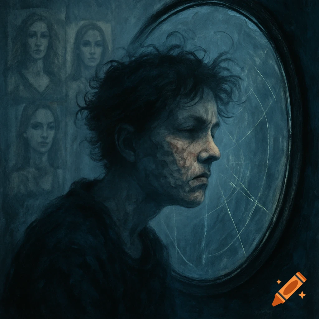 A person in profile looks into a distorted mirror, with blurred figures in the background, in a dark, artistic style.