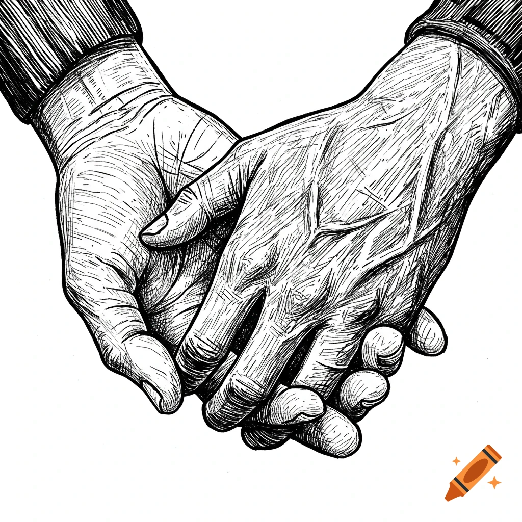 Black and white woodcut illustration of two hands clasped together.