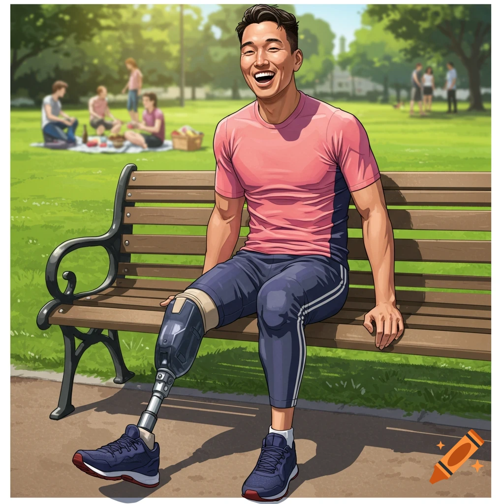 A smiling man with a prosthetic leg sits on a park bench.
