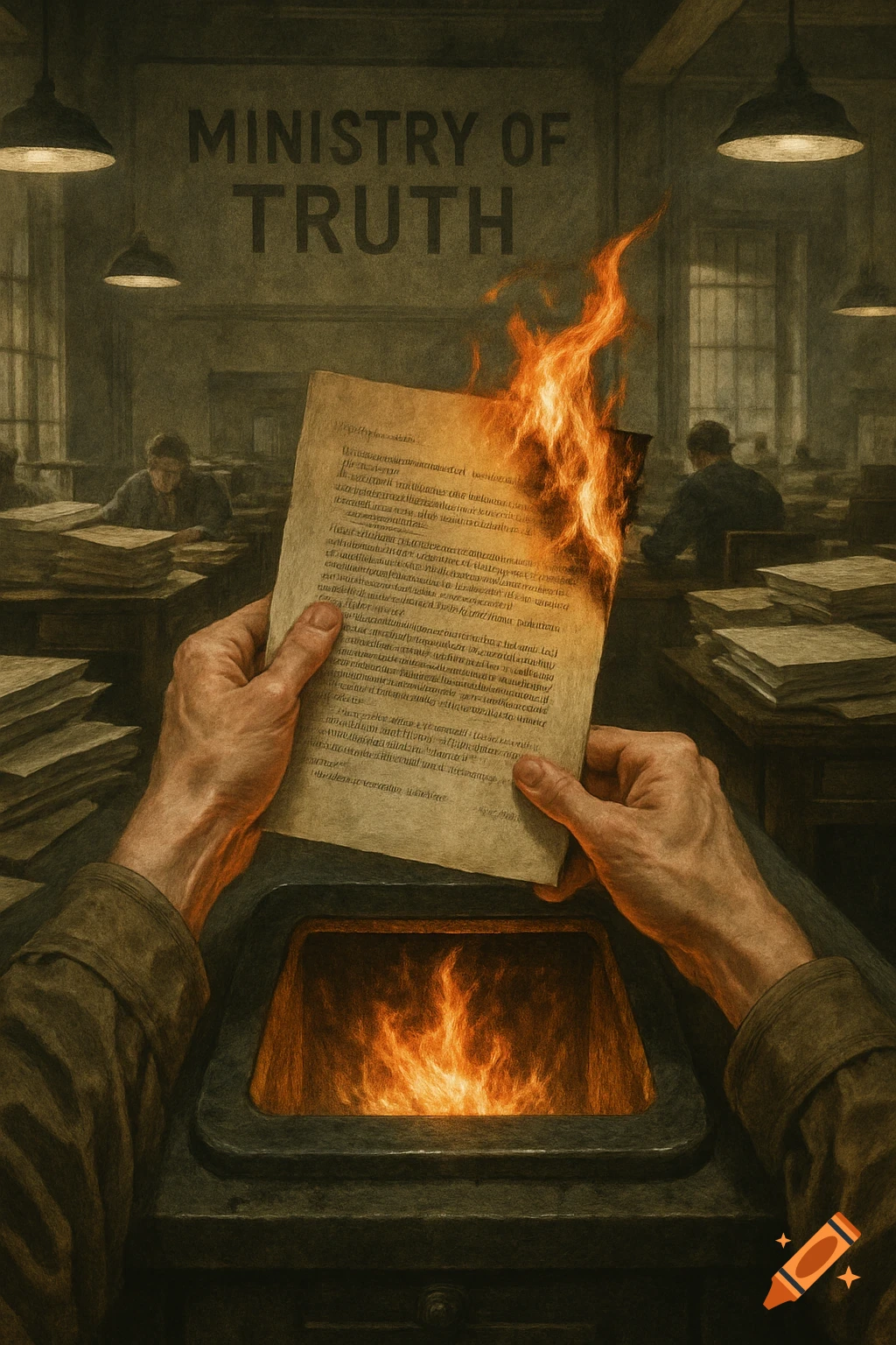 First-person view of hands burning a document in a furnace in the Ministry of Truth, vintage style.