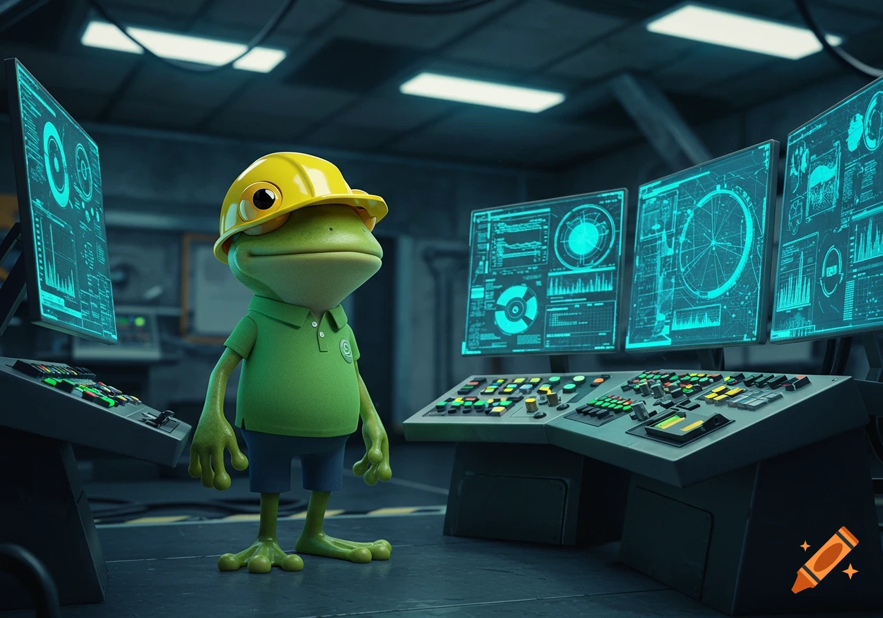 A cartoon frog wearing a yellow hard hat and green polo shirt stands in a command center with screens displaying data.
