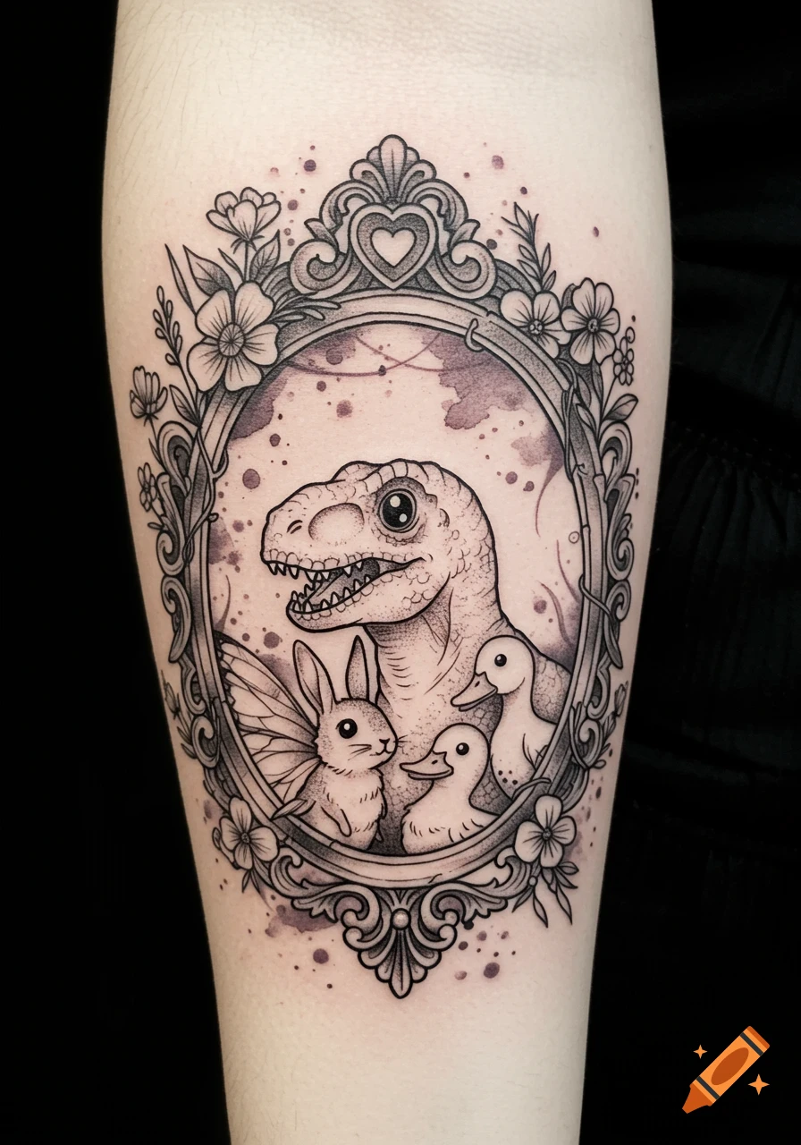 Black and grey tattoo of a cartoon dinosaur, bunny, and ducks in a floral gothic frame.