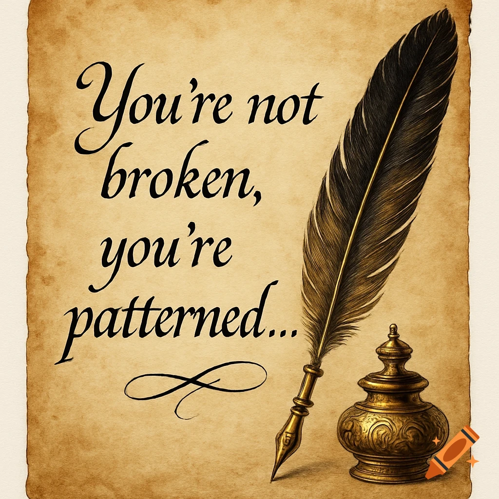 Quill pen and inkwell on aged parchment with the quote 'You're not broken, you're patterned...'