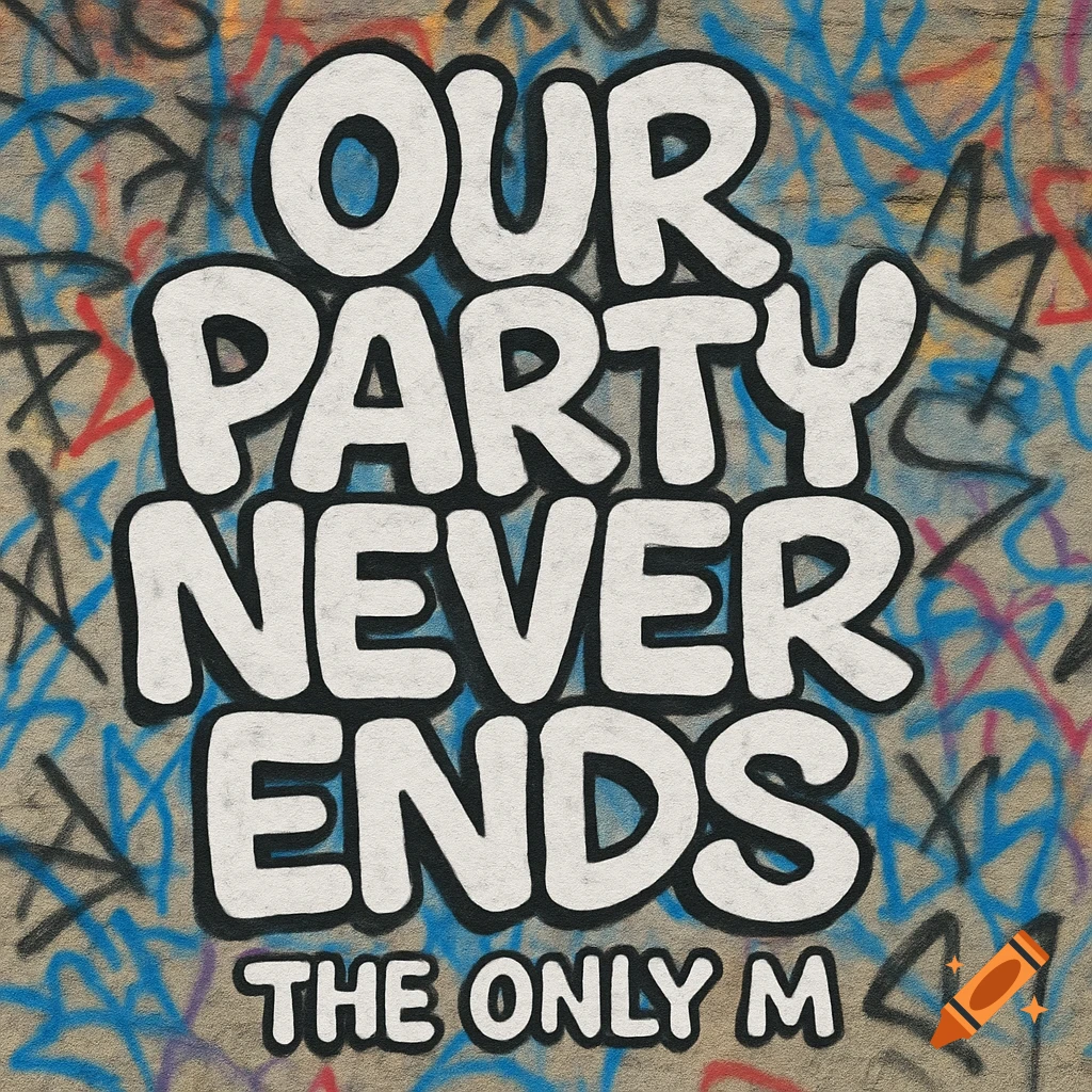 Outlined graffiti text on a background of abstract spray paint. The text reads 'OUR PARTY NEVER ENDS THE ONLY M'.