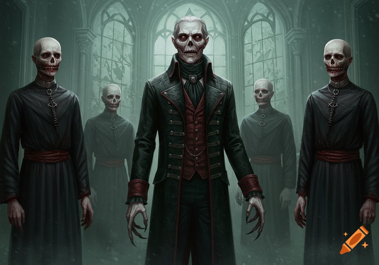 Victorian gothic painting of a vampire lord and four servants with sewn mouths in a hall.
