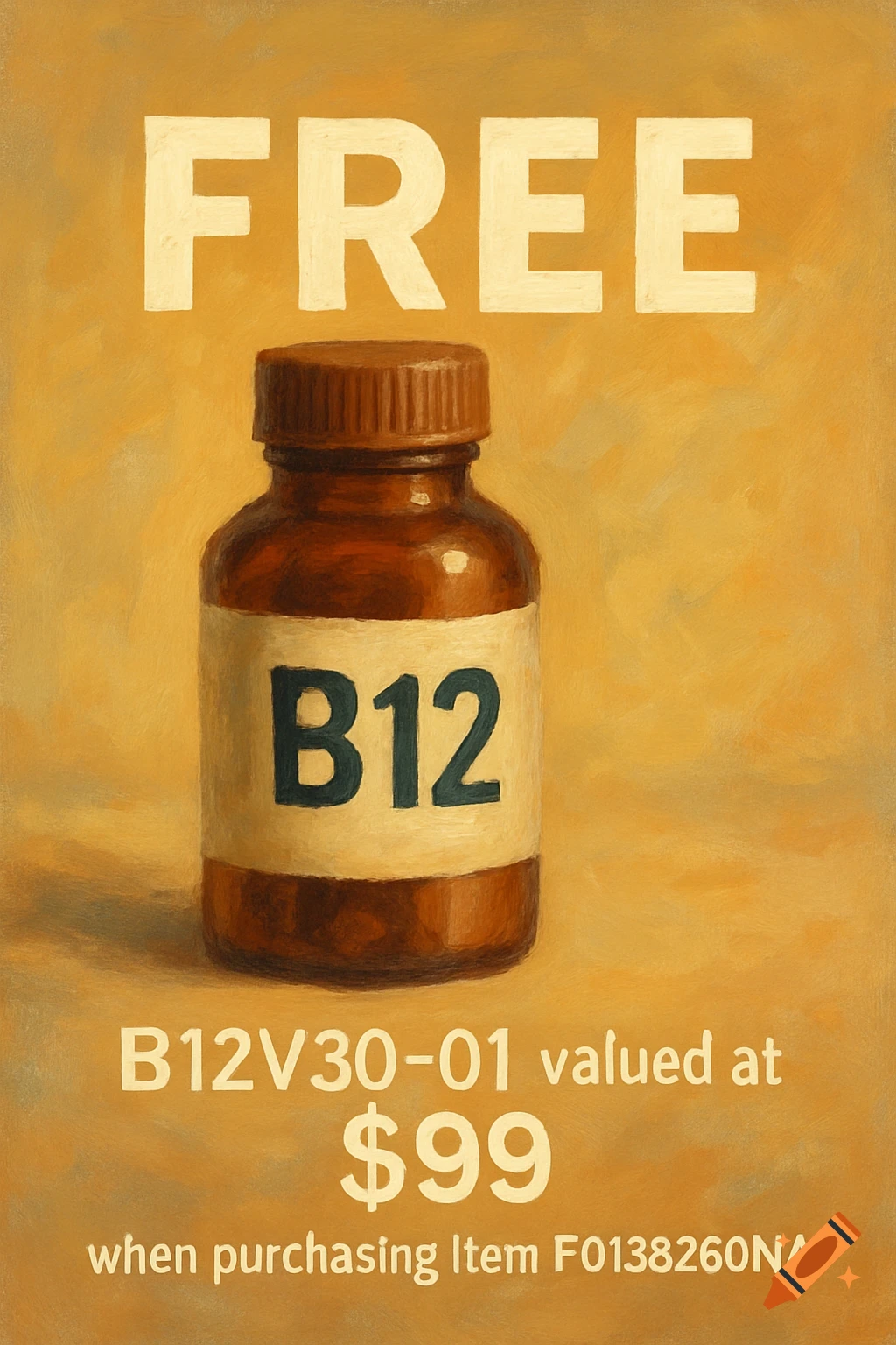 Painting of a B12 vitamin bottle with promotional text about a free offer.