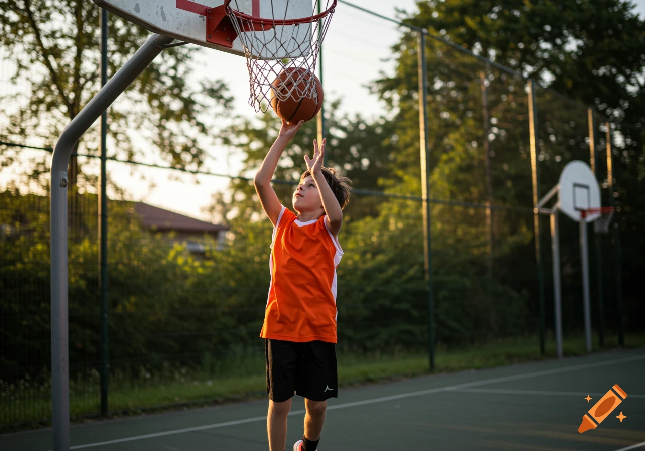 Young boy shooting a basketball layup on an outdoor court at sunset.