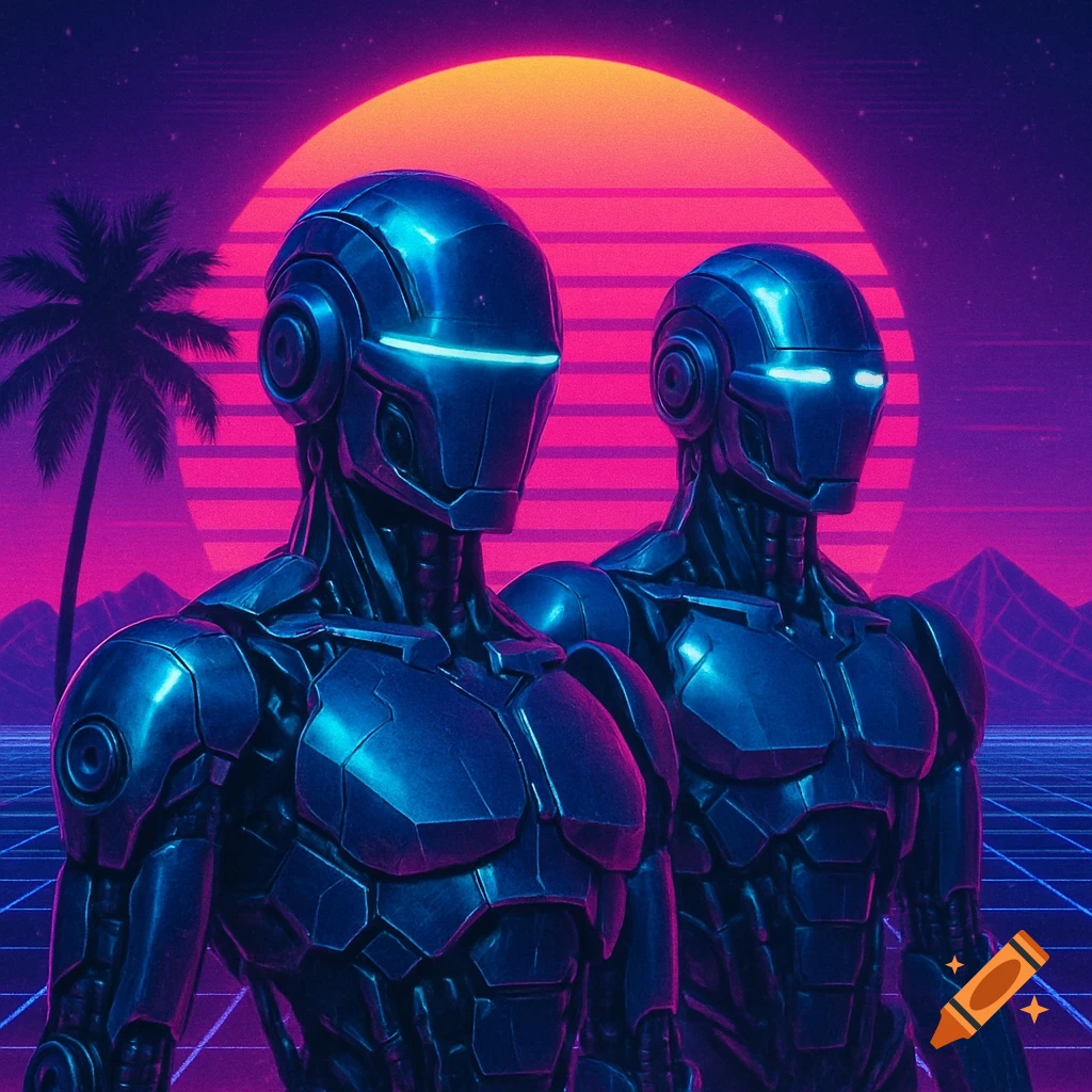 Two robots in a vaporwave landscape with grid ground, palm tree, mountains, and retro sunset.