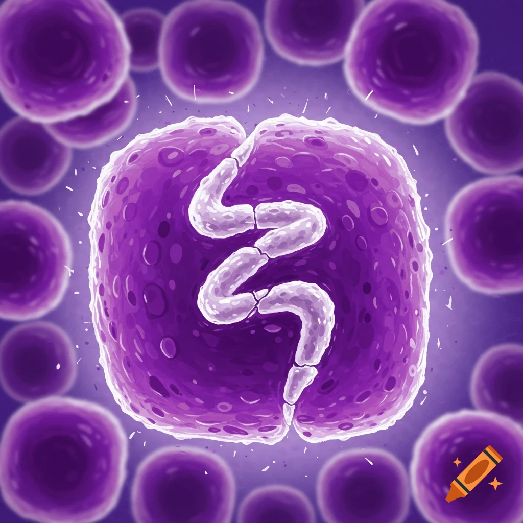 Stylized illustration of a large purple cell with a white S-shape inside, surrounded by smaller cells